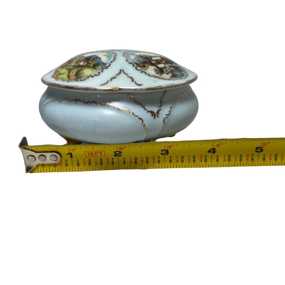 Hand Painted Trinket Box Footed Gold Embellishments Light Blue Farm Scenes vtg - Picture 10 of 10